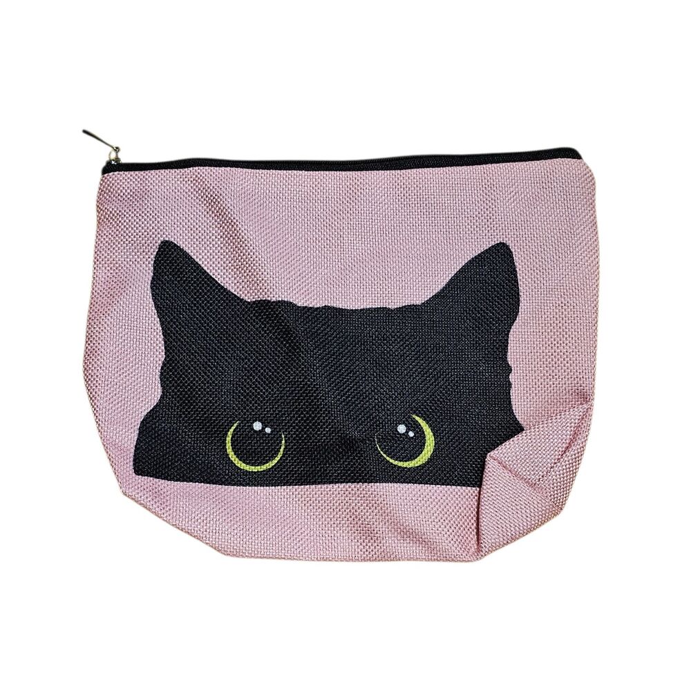 Cute Black Cat Eyes Makeup Bag Pink Canvas Zipper Cosmetic Pouch